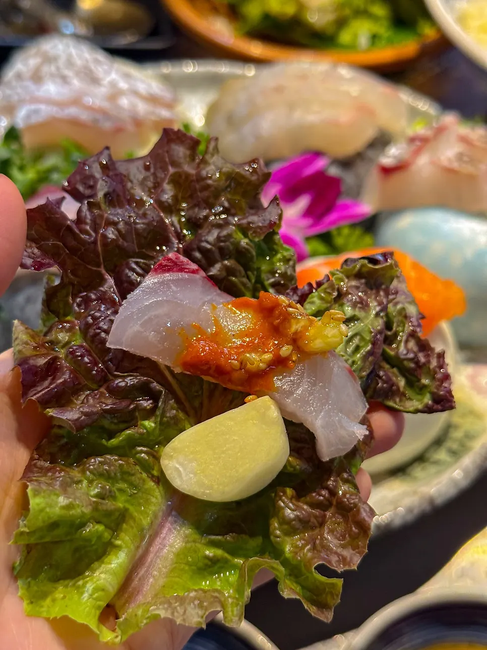 Sauce lineup including ceviche sauce and shiitake wasabi
