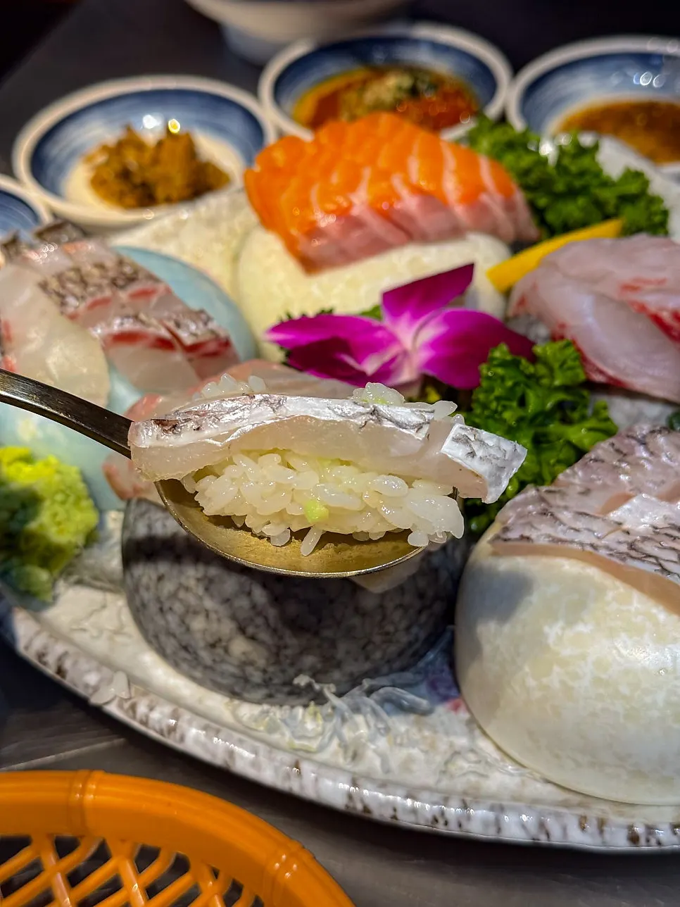 Thick-cut slices of salmon sashimi