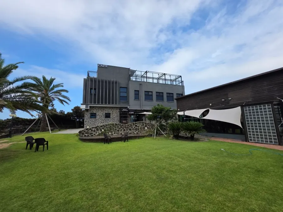 Rear of the building with a stone-walled yard and lawn