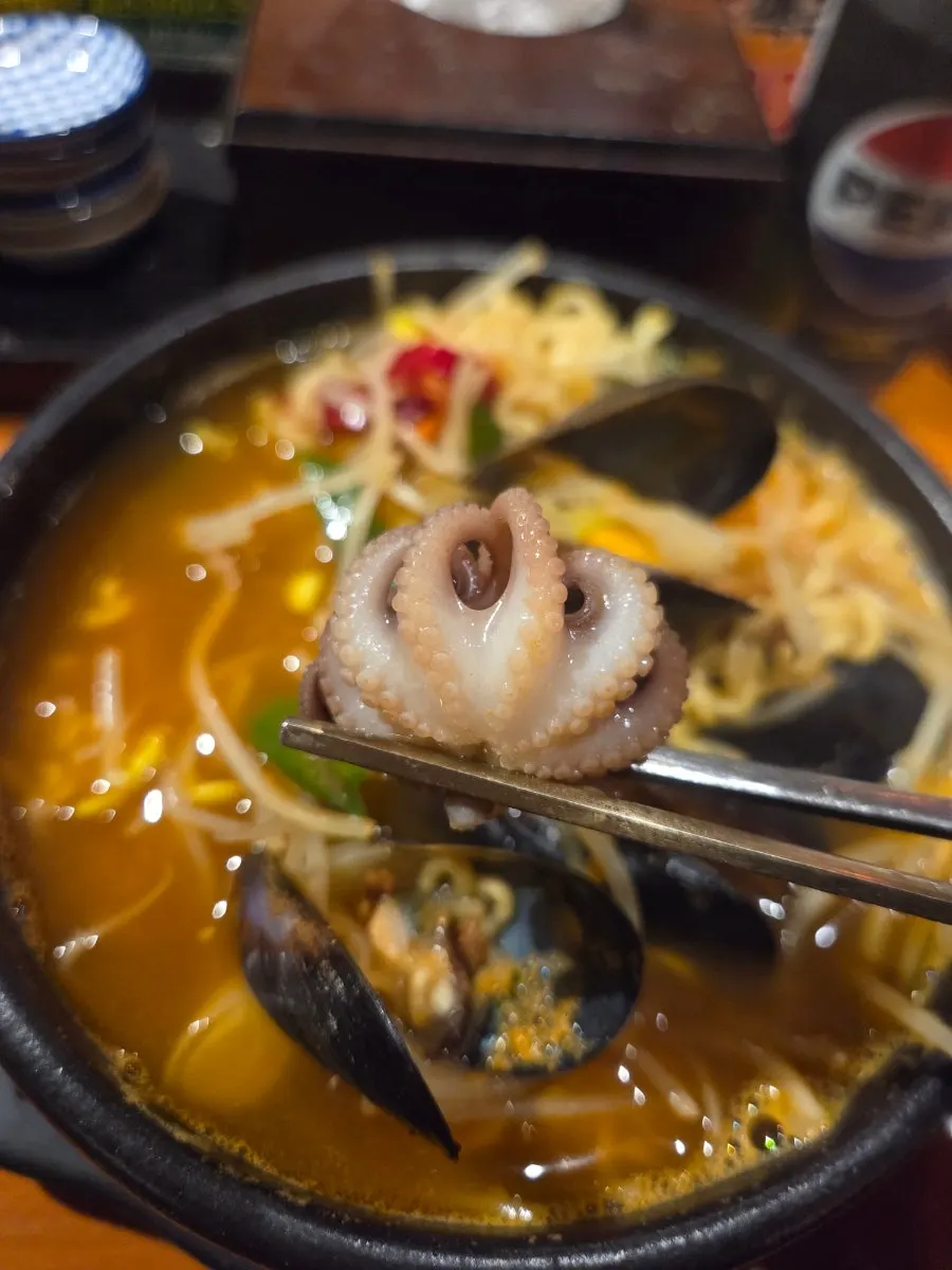 Close-up of the firm, chewy noodles in the seafood ramyeon