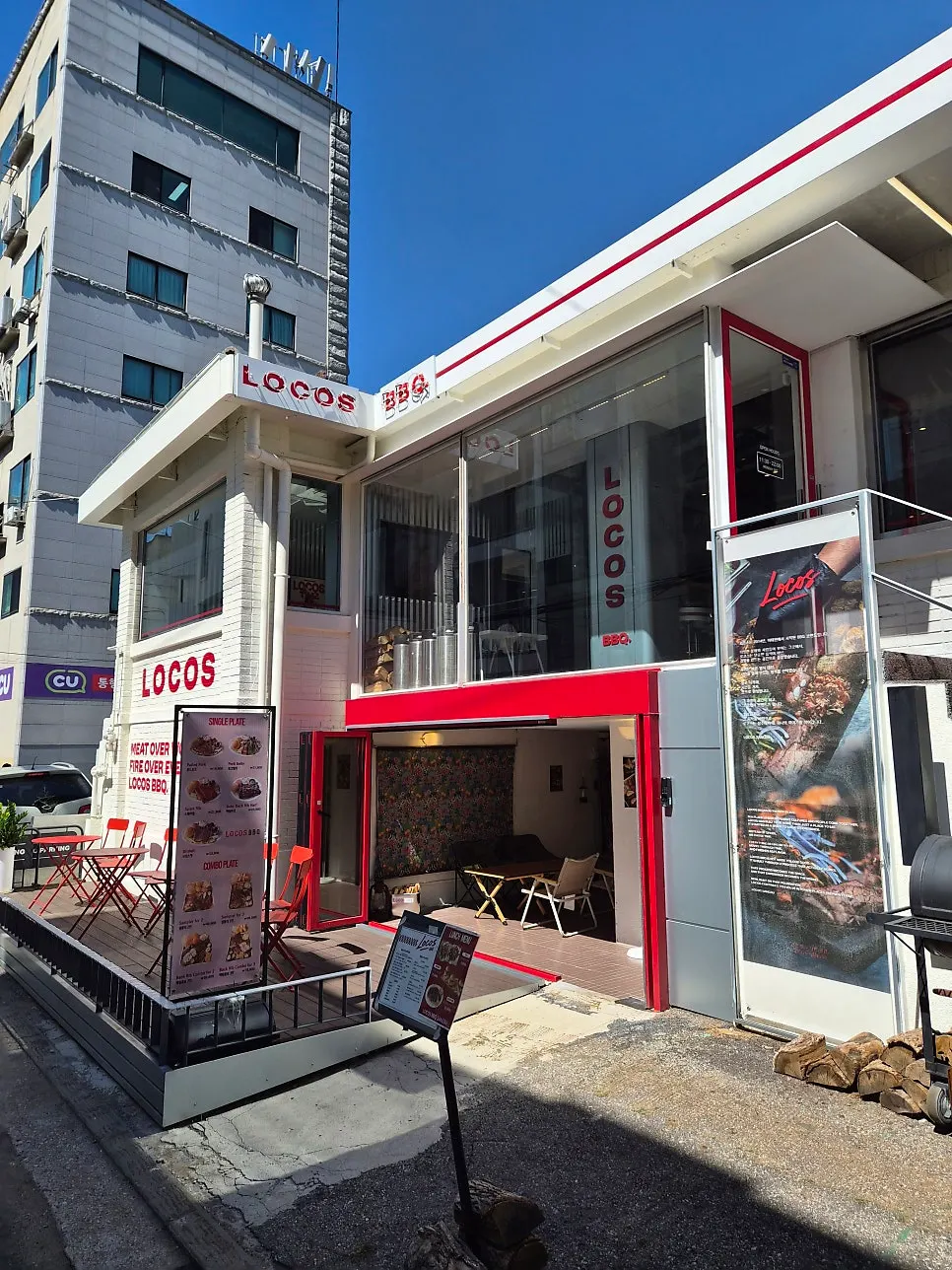 White, clean standalone building exterior of Locos BBQ Sangsu Branch