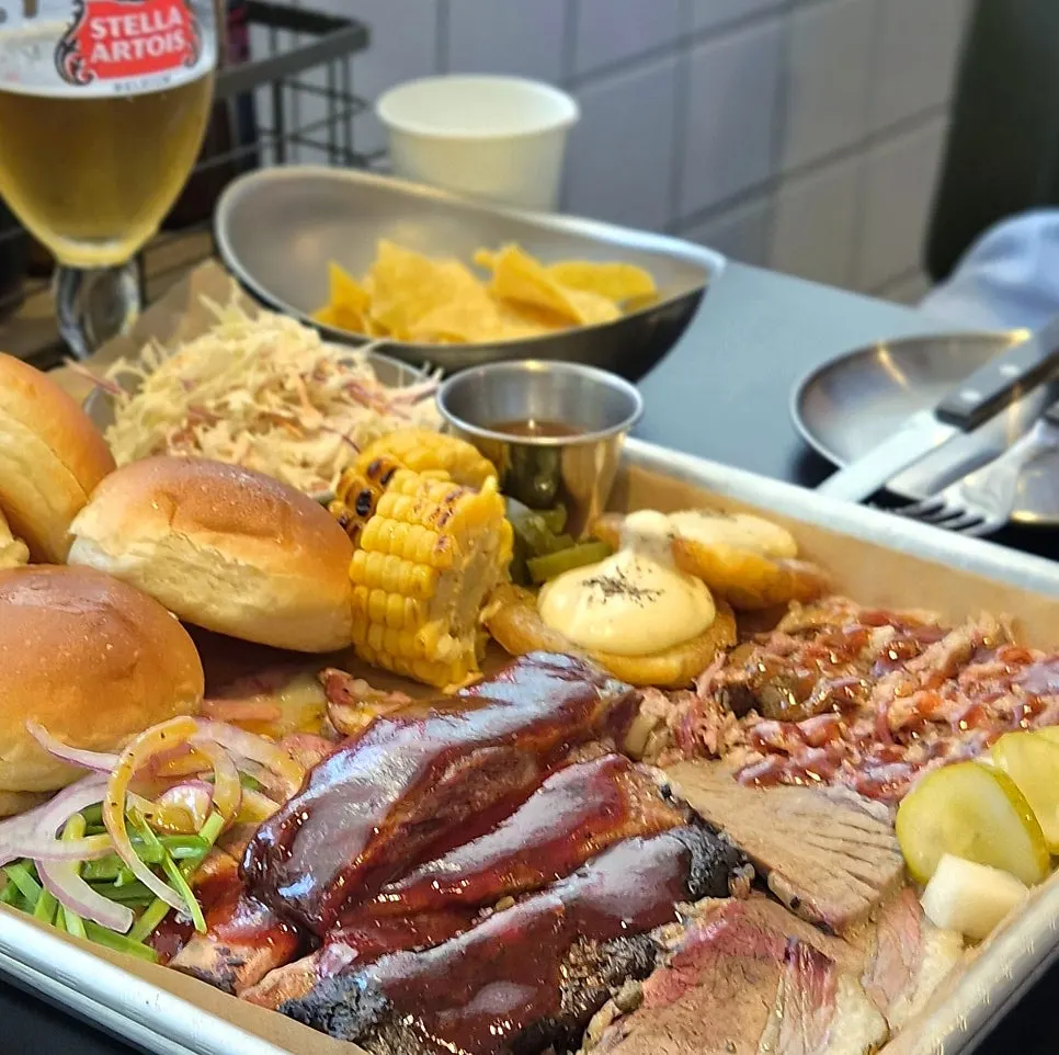 2-person sampler with pulled pork, brisket, pork belly, and spare ribs