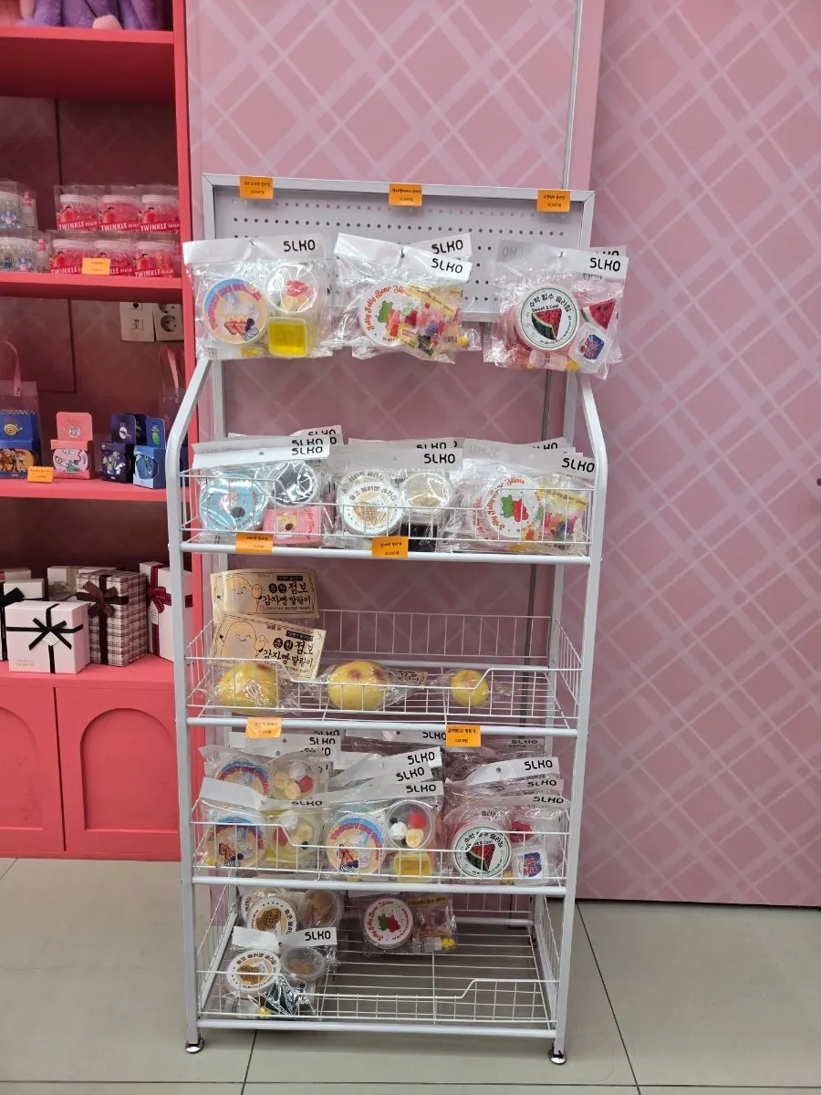 Shelves lined with colorful imported jellies