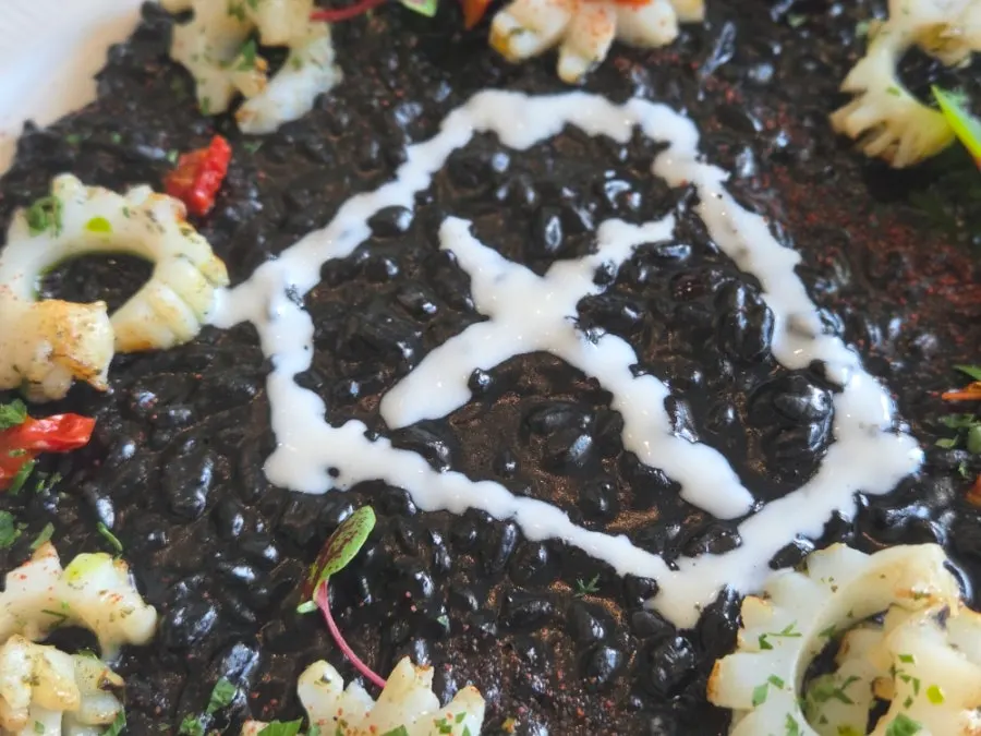 Grilled cuttlefish and sun-dried tomato atop squid ink risotto
