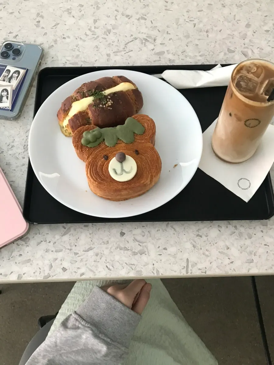Matcha cream bear pastry with a soy milk iced latte