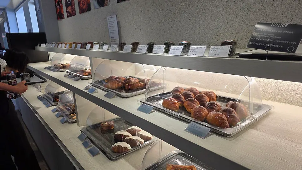 Bread display at LOOOP Bakery with items sold out