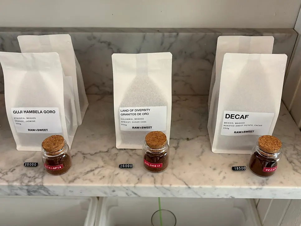 Varieties of coffee beans on display in the store