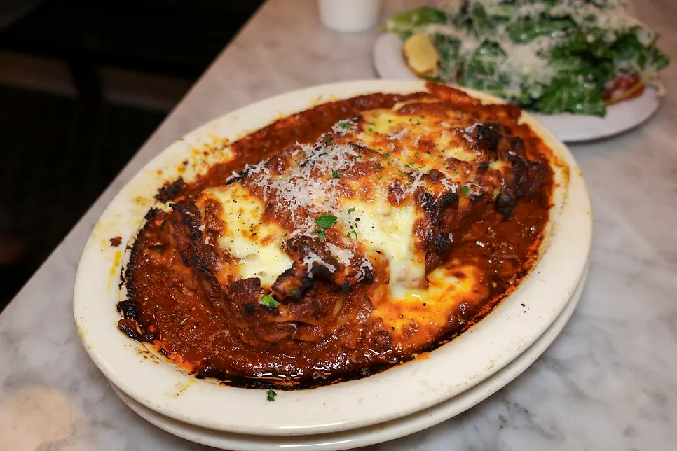 Classic lasagna baked with mozzarella cheese on top