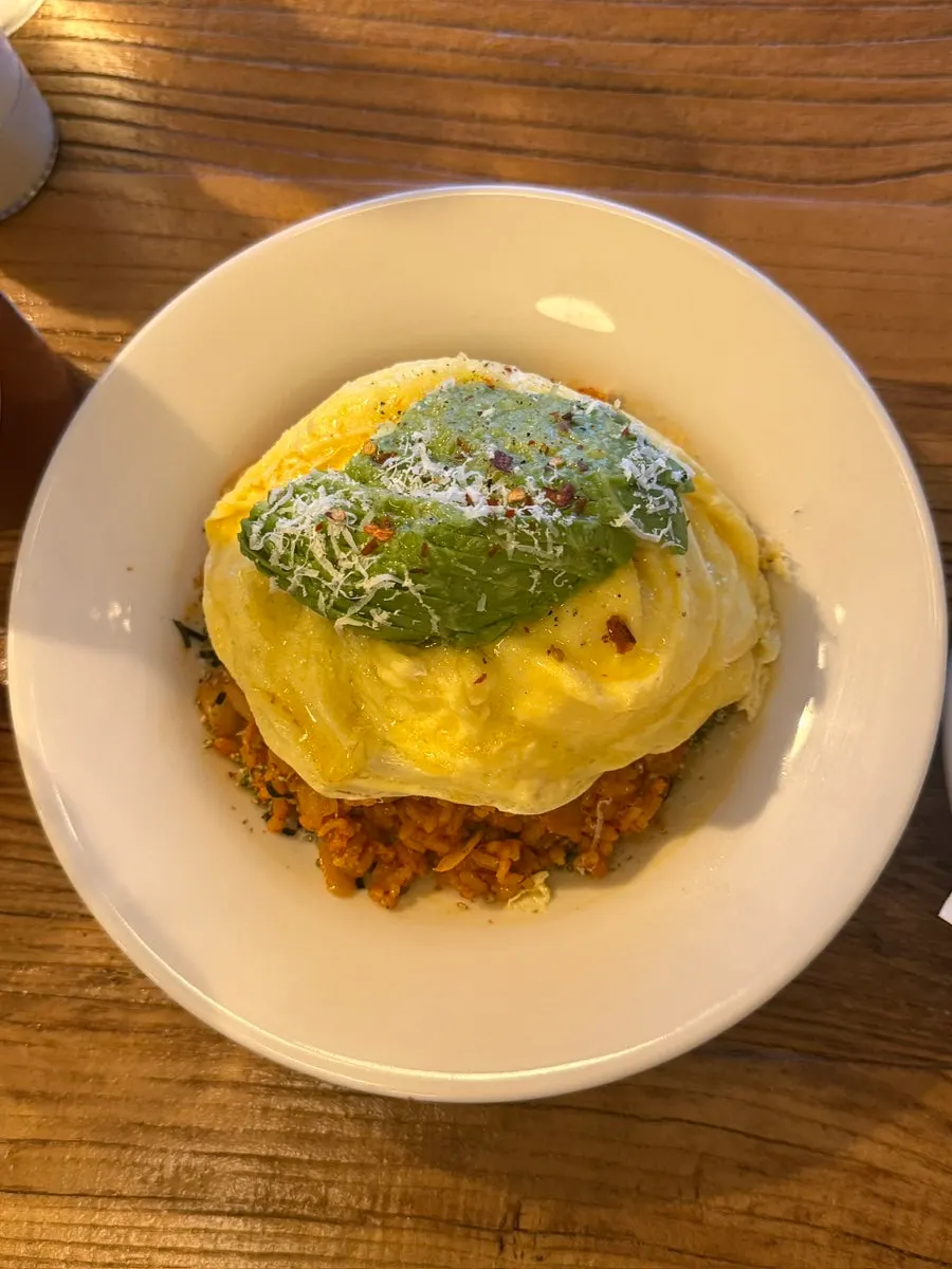 Kimchi fried rice topped with avocado