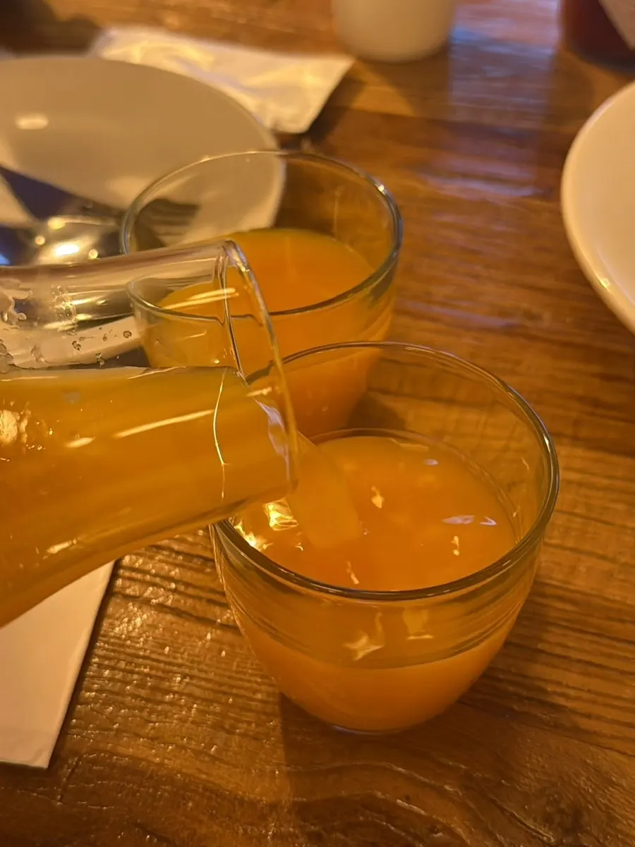 A glass of orange juice with visible fruit pulp