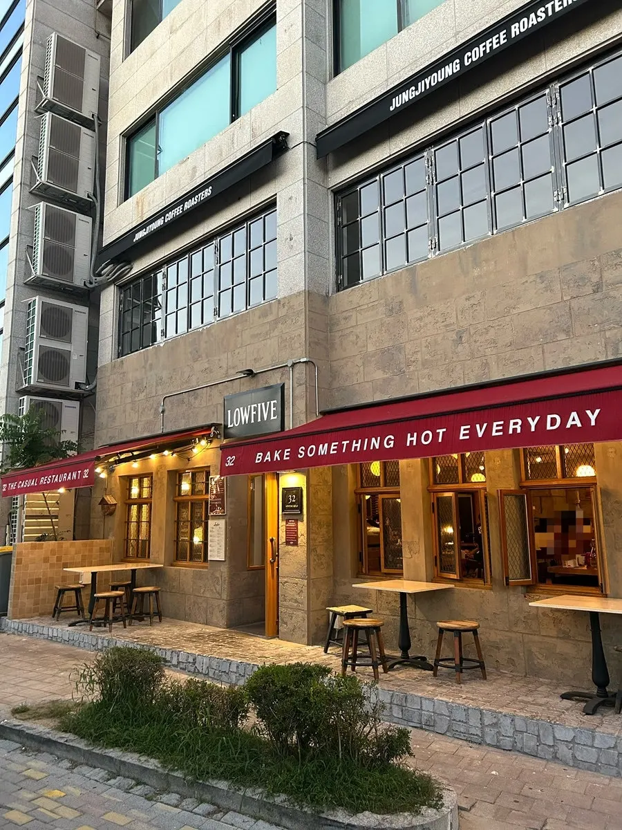 European-style exterior with outdoor wood stool seating