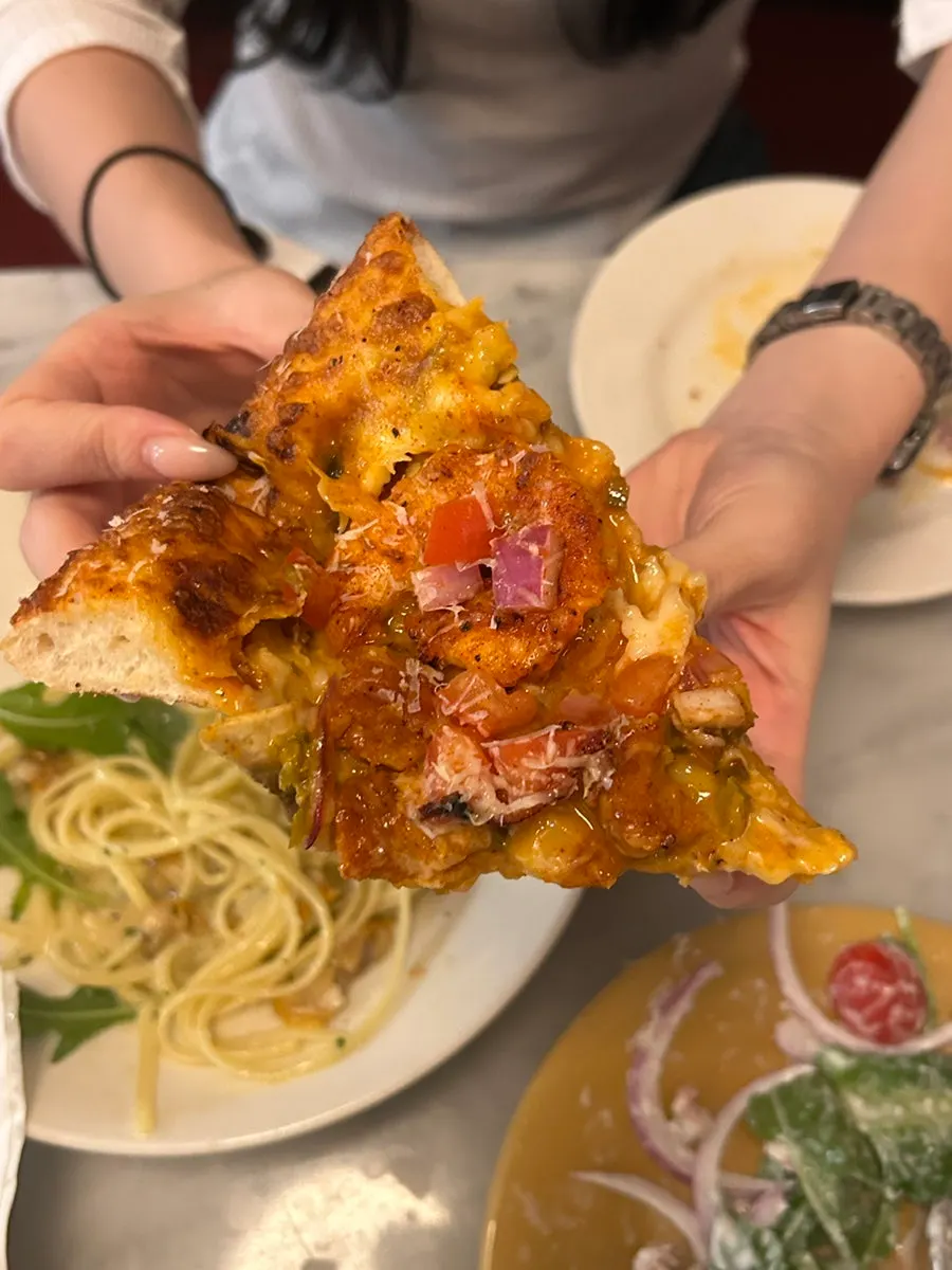 Tex-Mex taco pizza topped with grilled shrimp and salsa