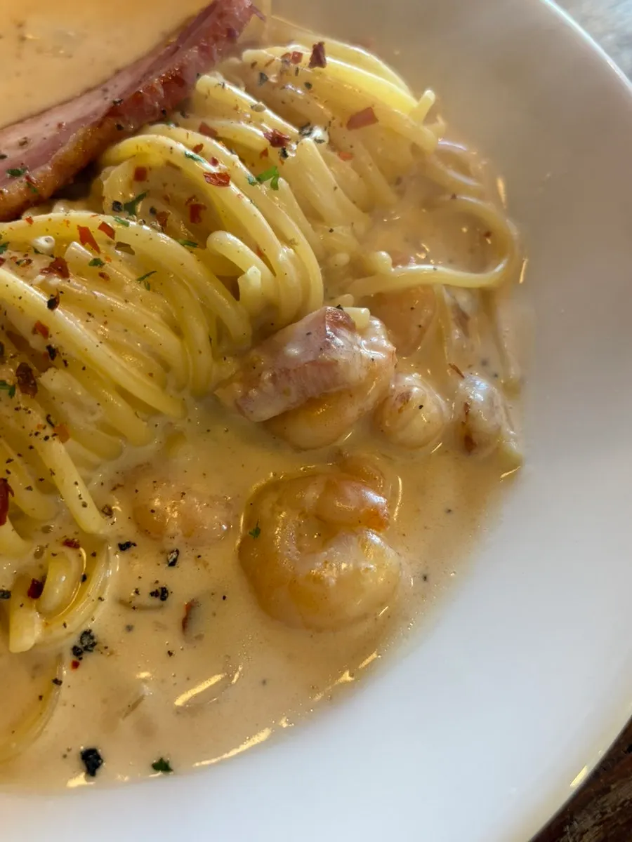 Close-up of pasta noodles coated in cream sauce