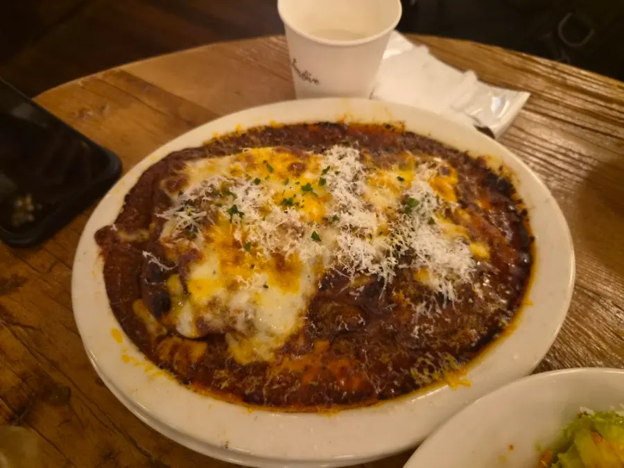 Cross-section of lasagna showing layers of pasta and tomato sauce
