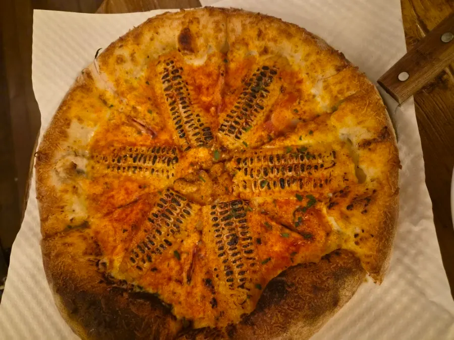 A whole corn pizza at Low Five Anguk
