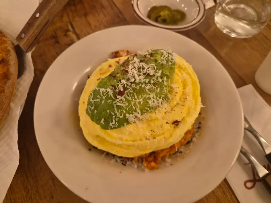 Close-up of kimchi fried rice topped with avocado