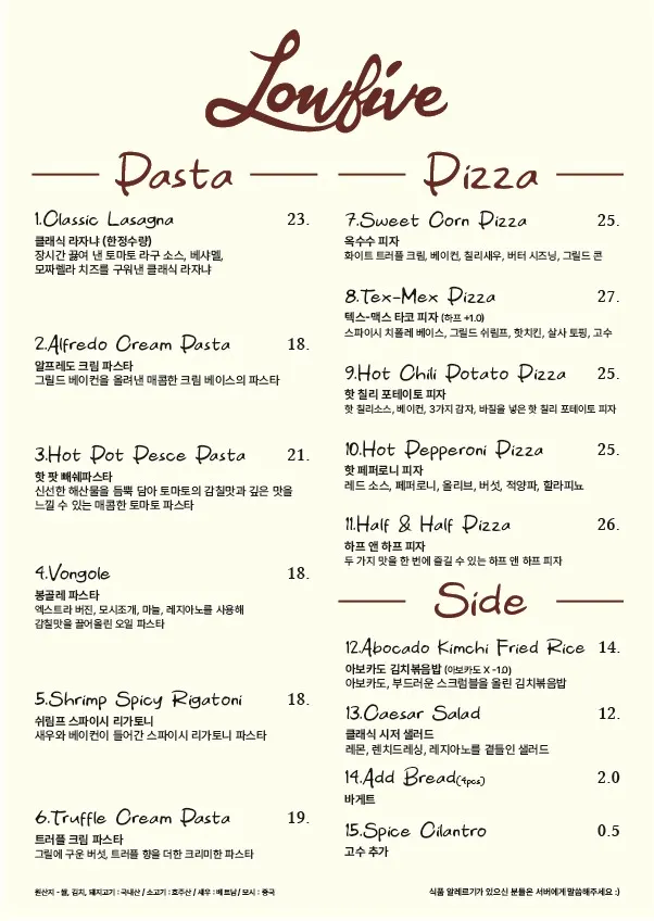 Low Five Anguk menu listing pastas and pizzas