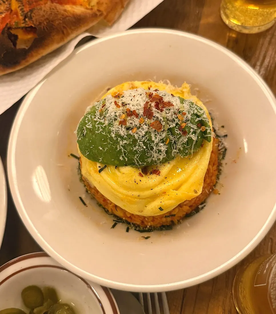Close-up of avocado kimchi fried rice