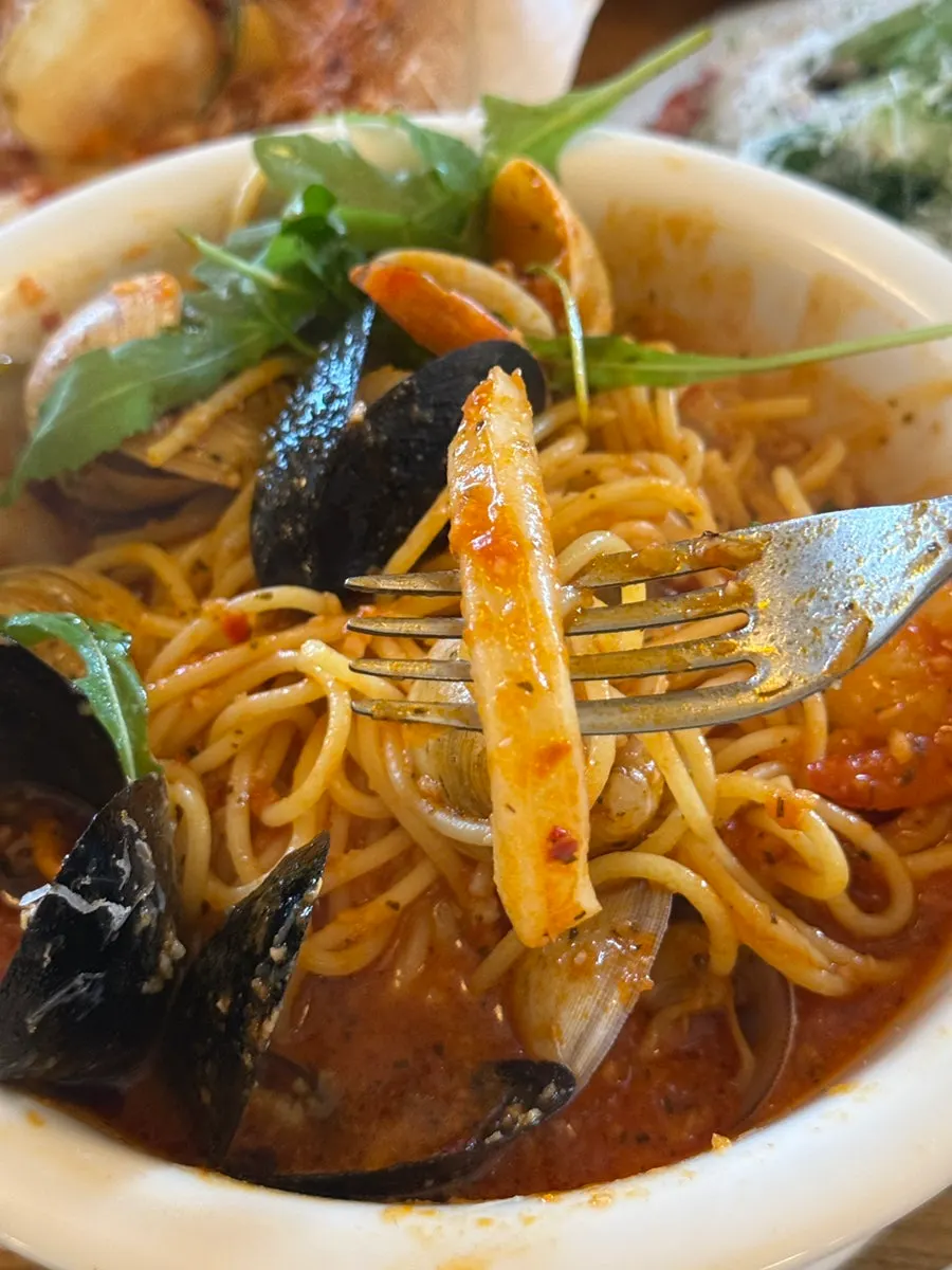 Close-up of the thin tomato sauce pasta
