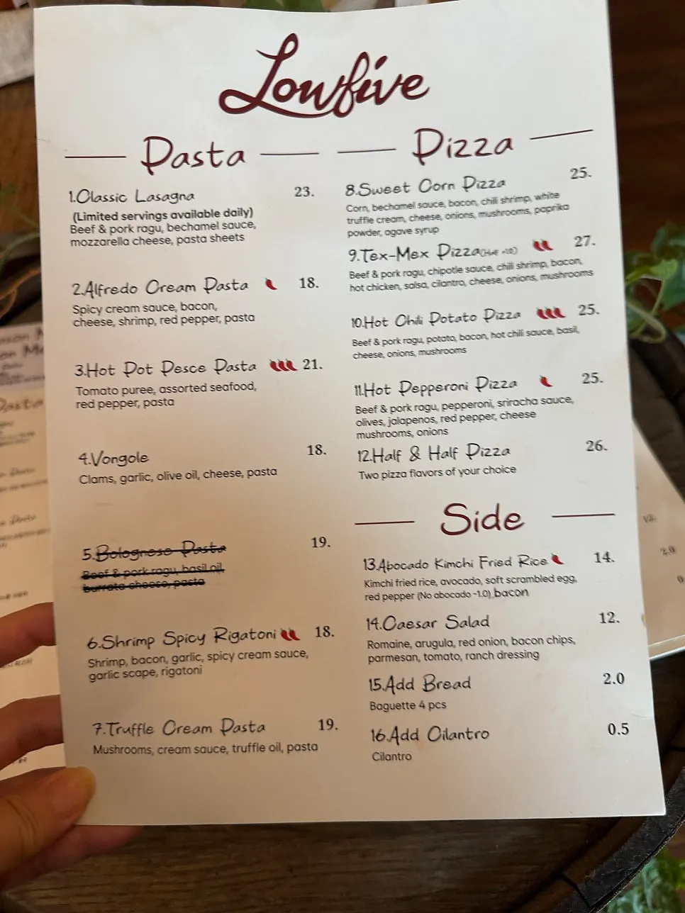 Menu at Low Five Anguk