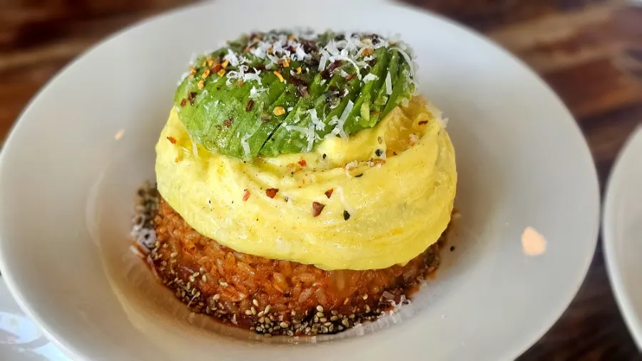 Kimchi fried rice topped with avocado