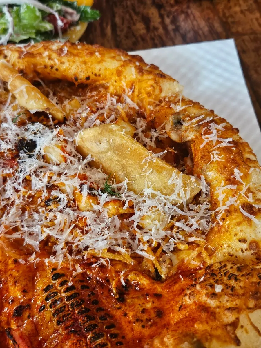Whole half-and-half pizza with corn and hot chili potato
