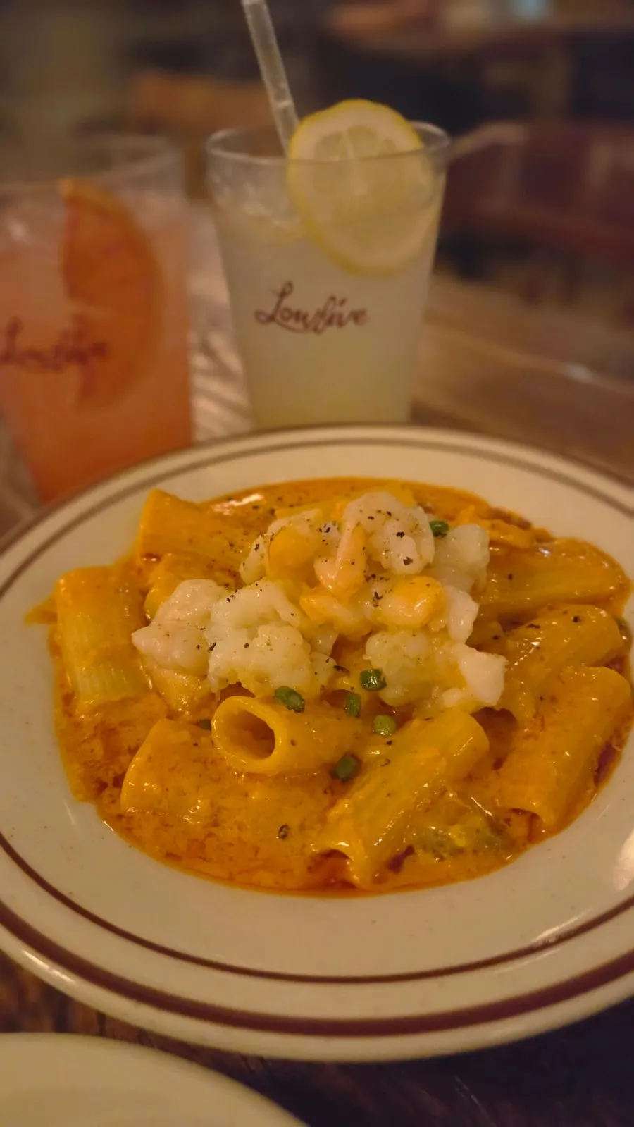 Shrimp spice rigatoni topped with shrimp