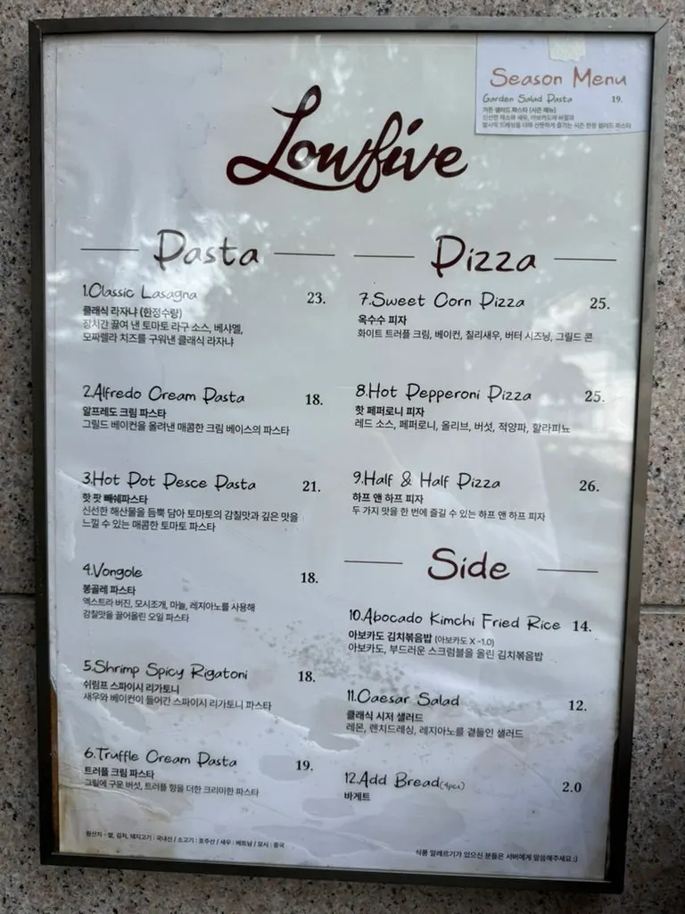 Table order screen and menu list