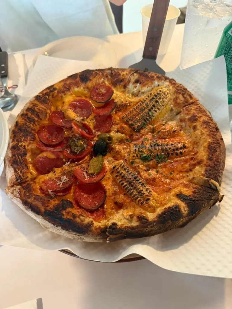 Half-and-half pizza with pepperoni and shrimp