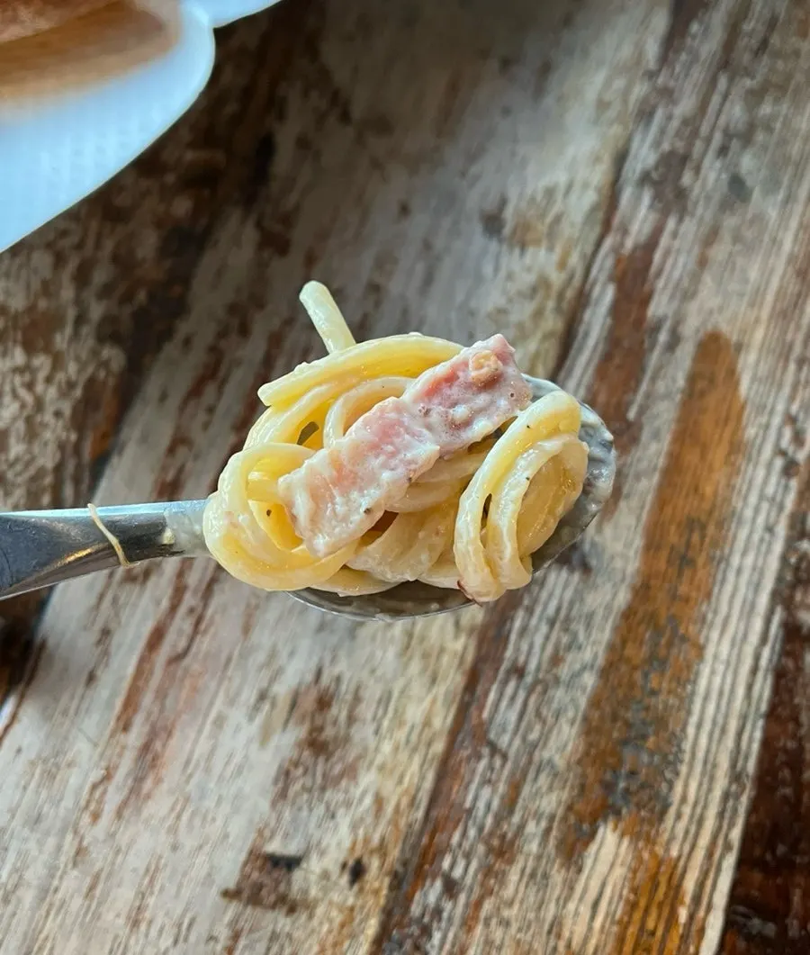 Close-up of cream pasta sprinkled with crushed pepper