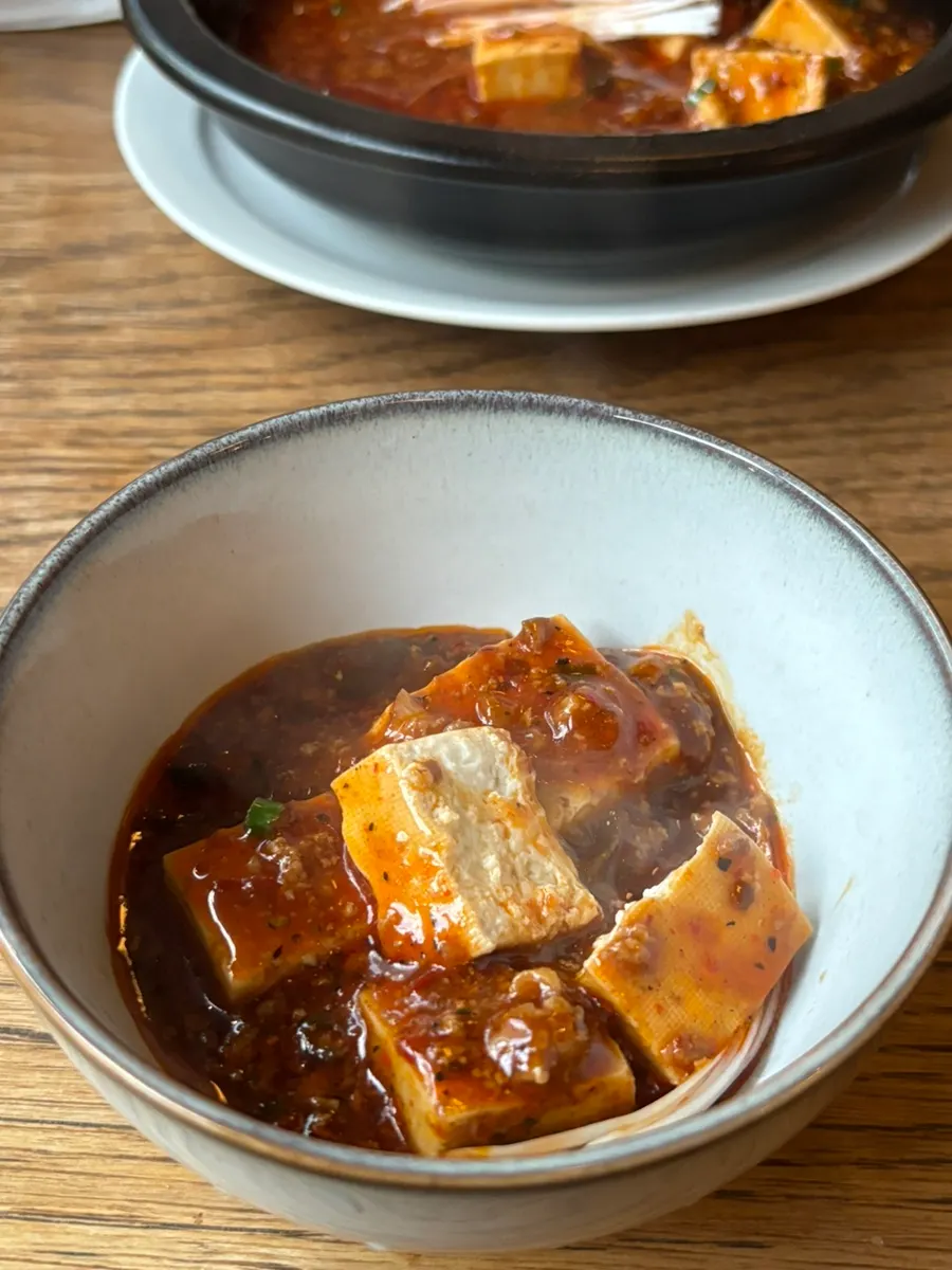 Close-up of the spicy mapo tofu sauce