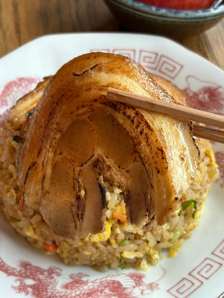 Close-up of the fluffy char siu fried rice