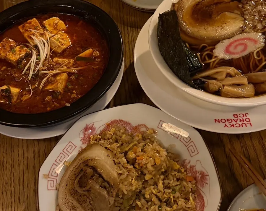 Mapo tofu and chuka soba served together on the table
