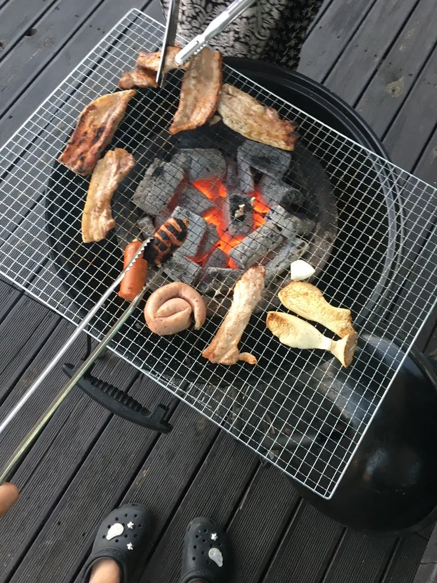 A dog sitting beside the barbecue table