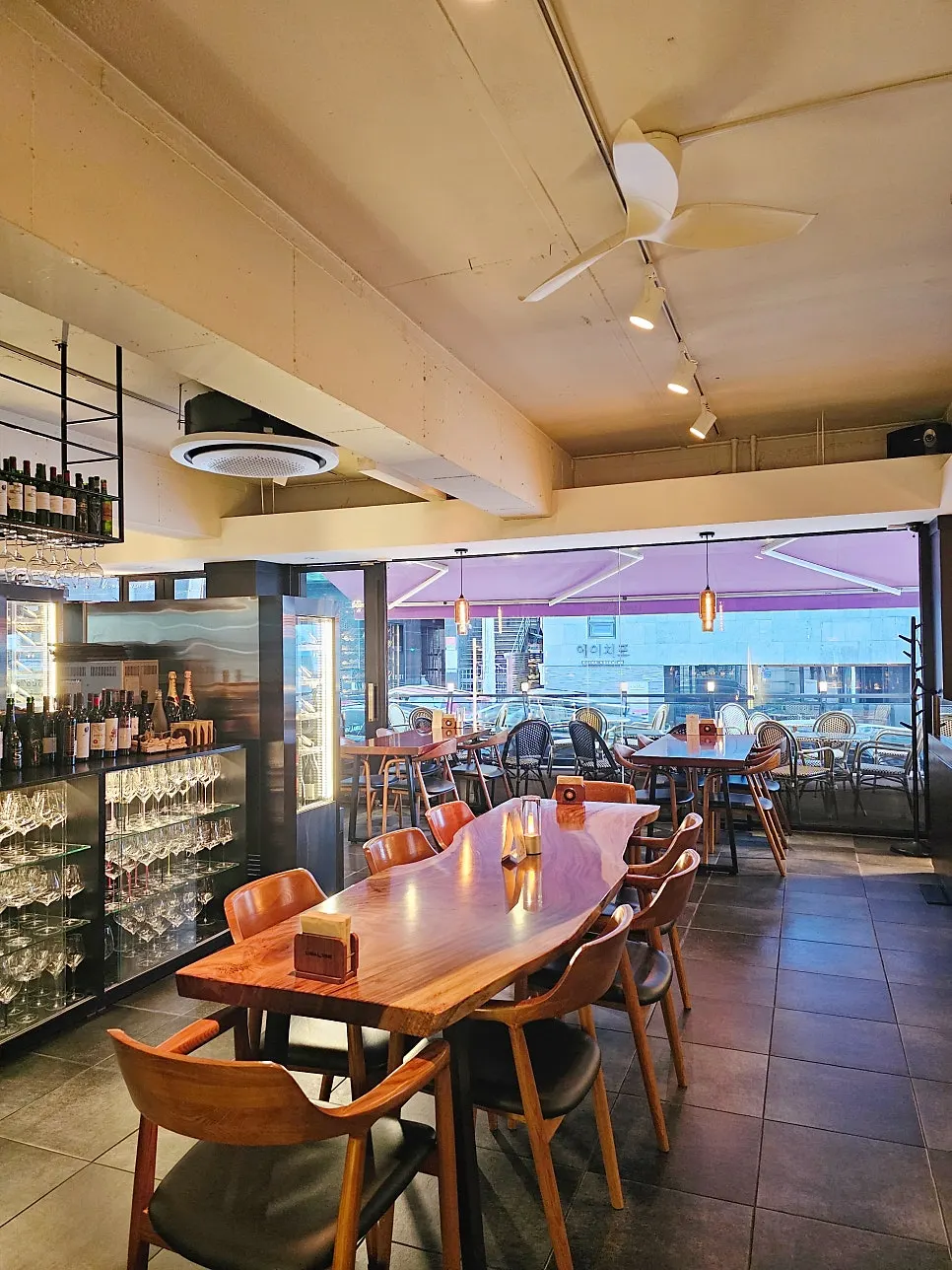 Neatly arranged wine glasses inside Luna Vine