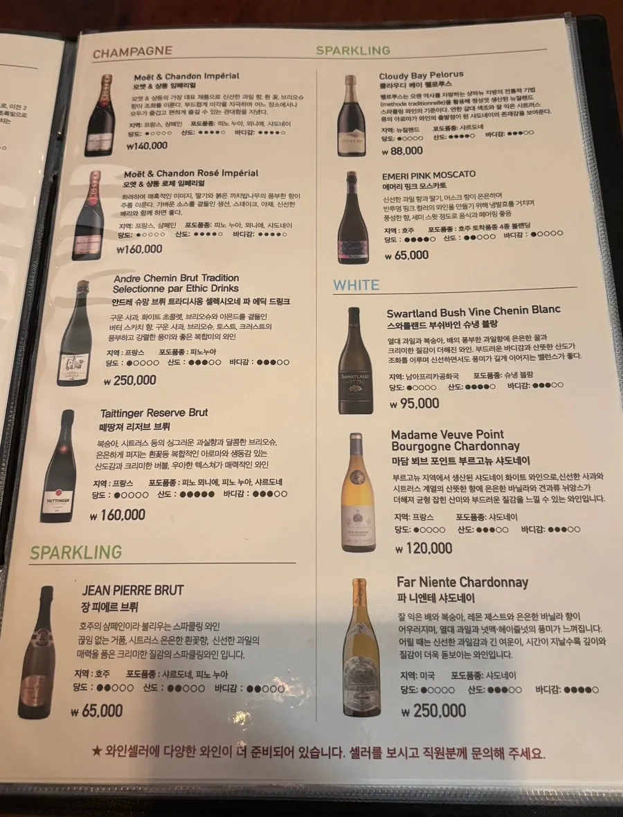 Wine menu listing wines by the glass