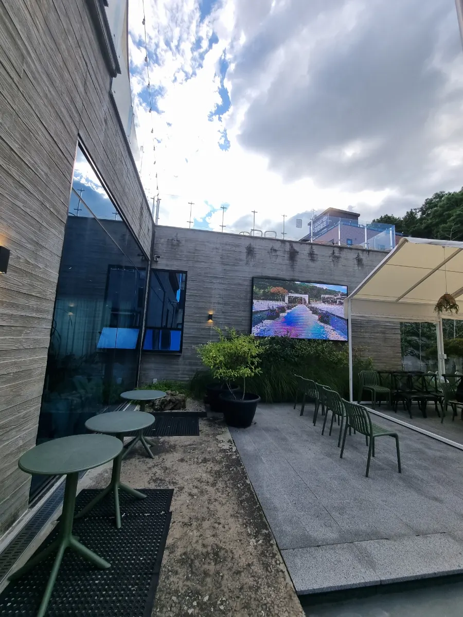Outdoor terrace with a courtyard and small fountain