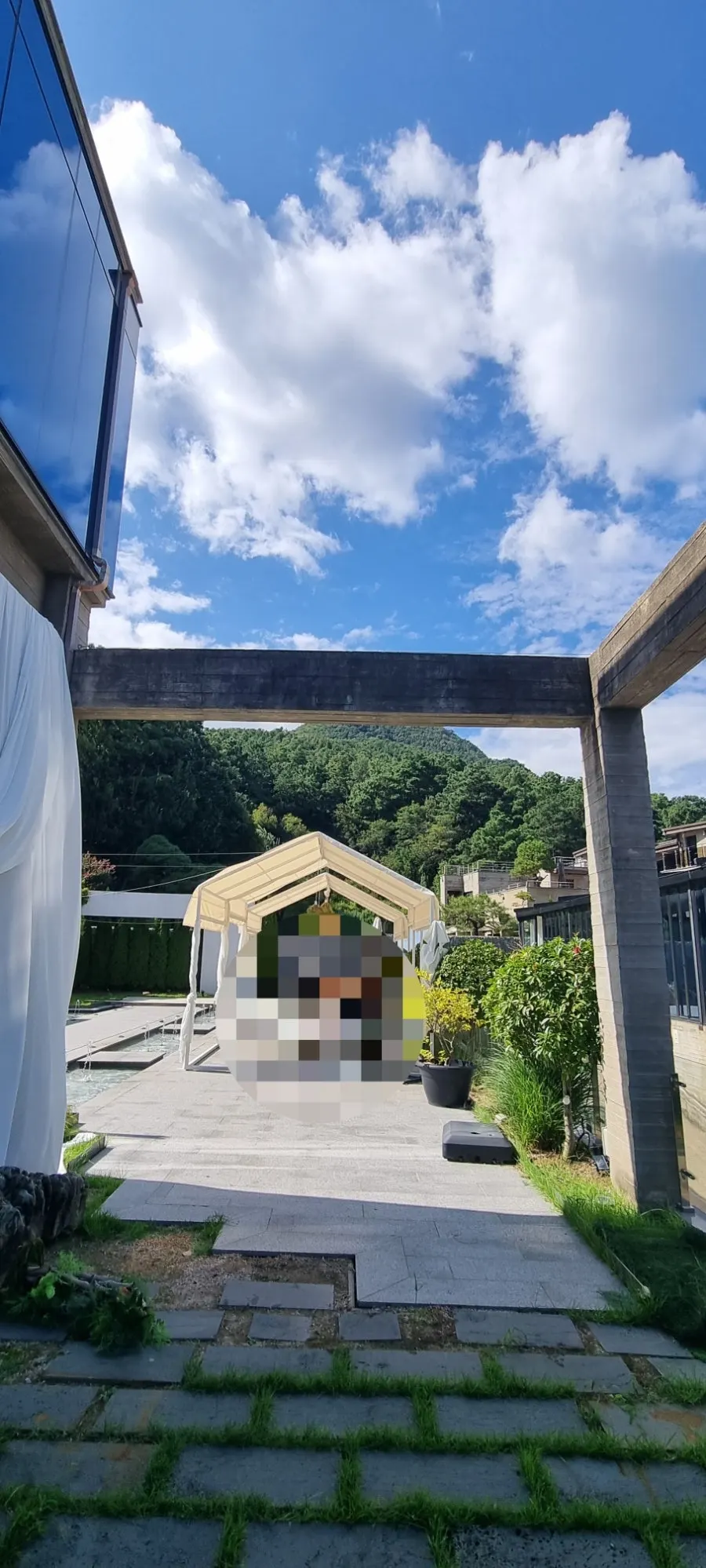Cafe entrance surrounded by green trees