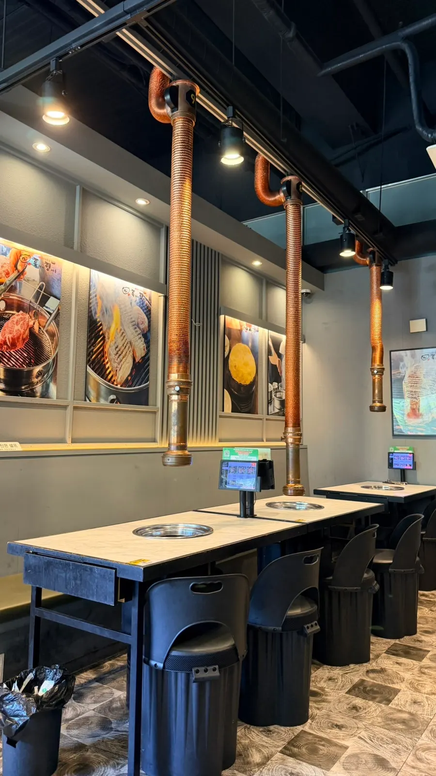 Tables and seating arranged with wide spacing