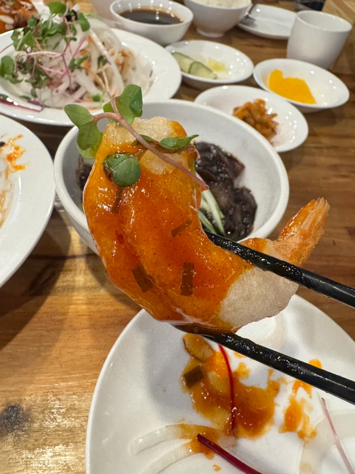 Plump prawns coated in chili sauce