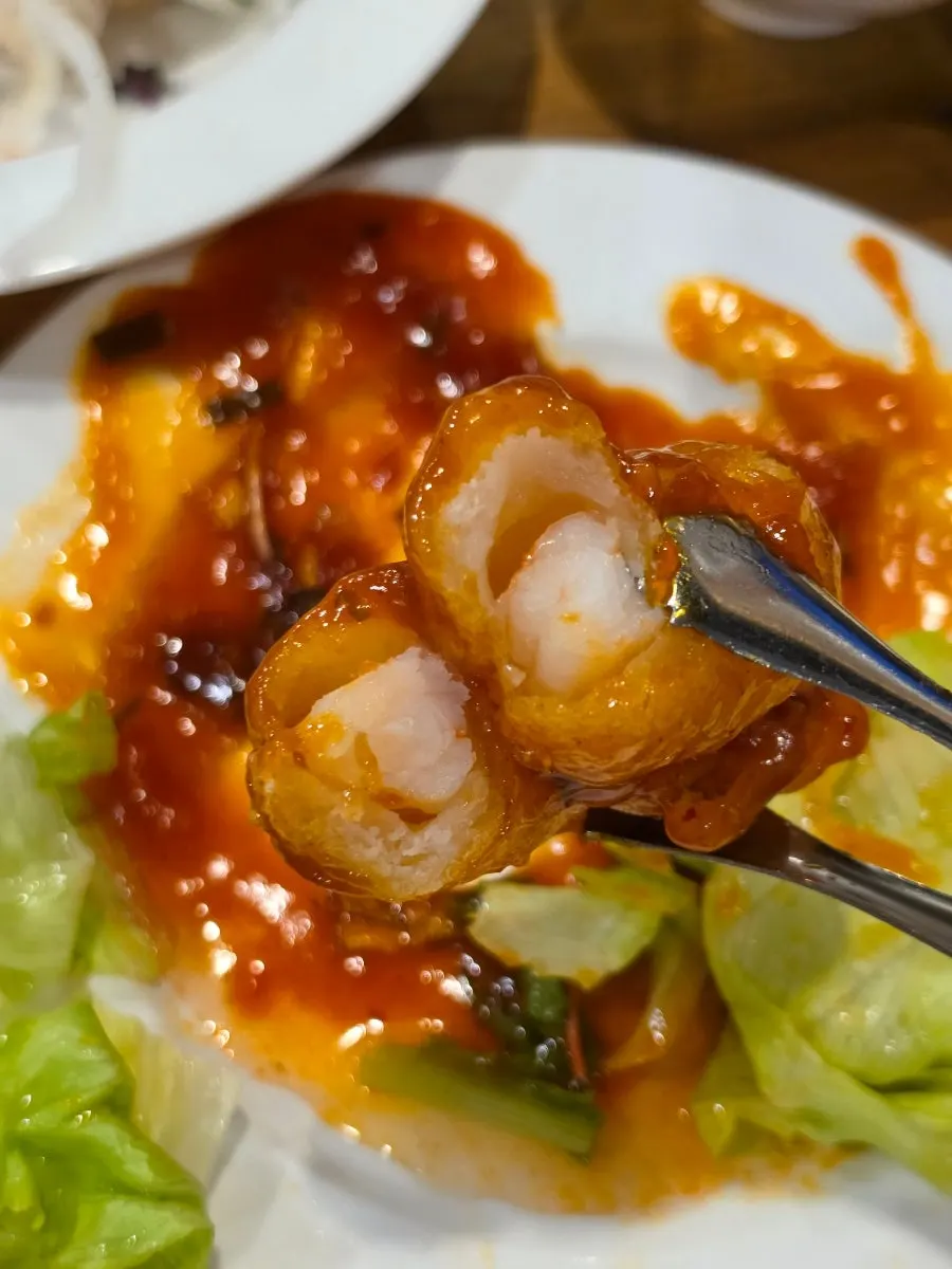 Plump chili prawns showing their firm texture