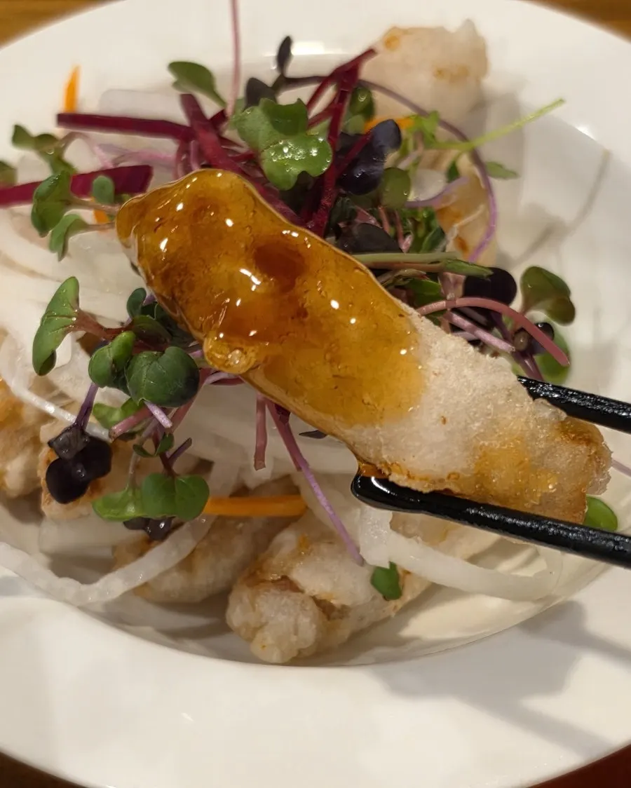 Close-up of the crisp batter on the Beijing sweet and sour pork