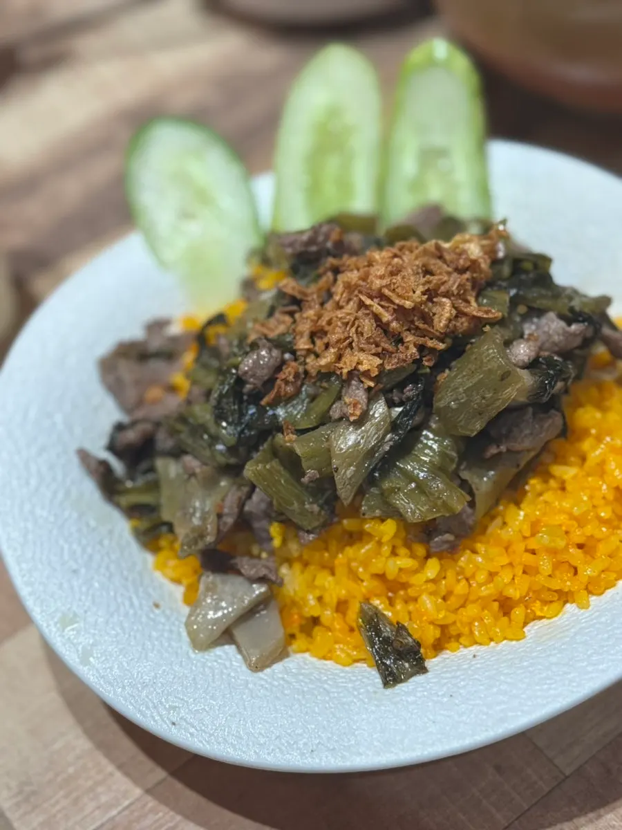 Madam Hao's beef fried rice topped with garnish