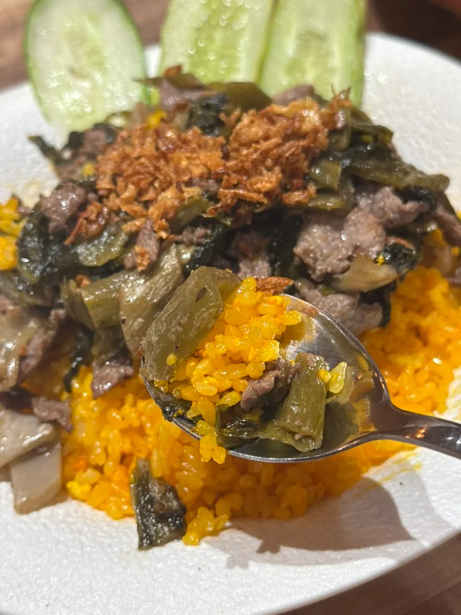 Close-up of the fried rice packed with beef