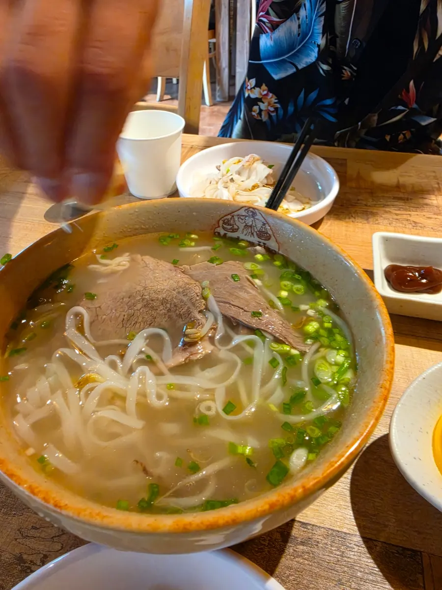 Madam Hao's beef brisket pho topped with plenty of beef and green onion