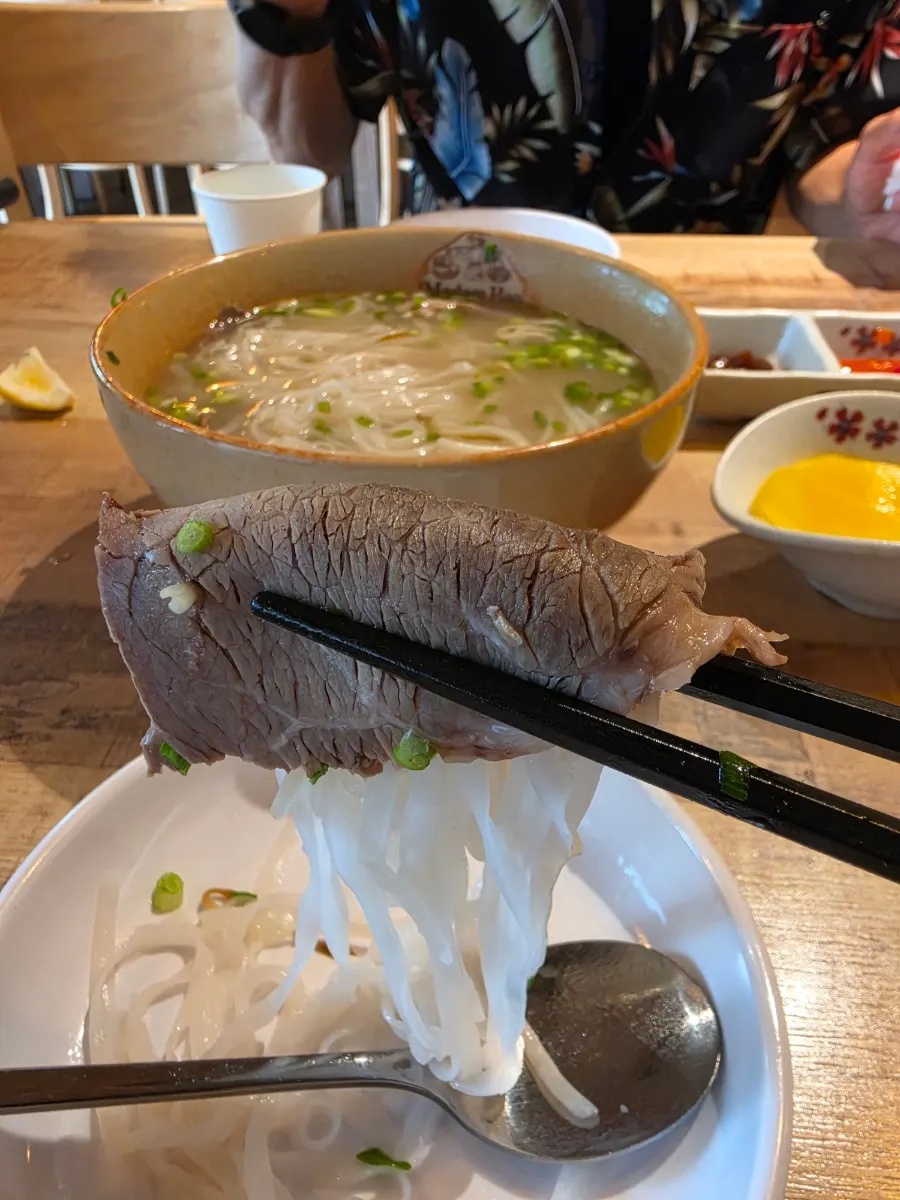 Noodles and beef lifted out of the beef brisket pho