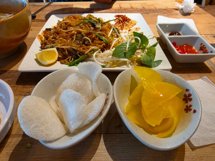 Crispy shrimp chips served alongside the pad thai