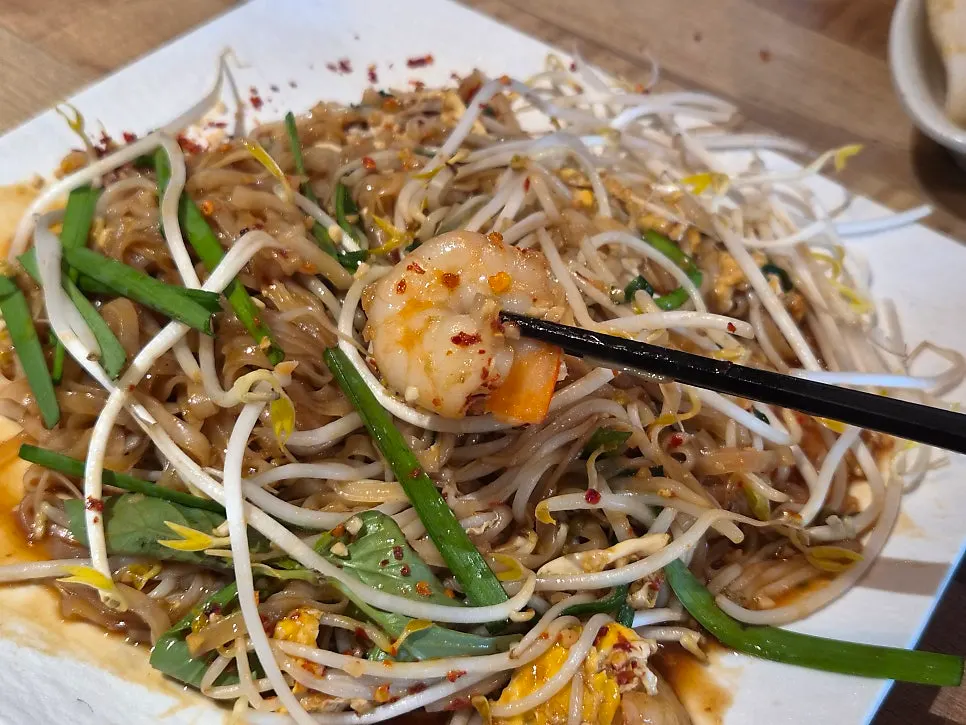 Pad thai noodles loaded with shrimp