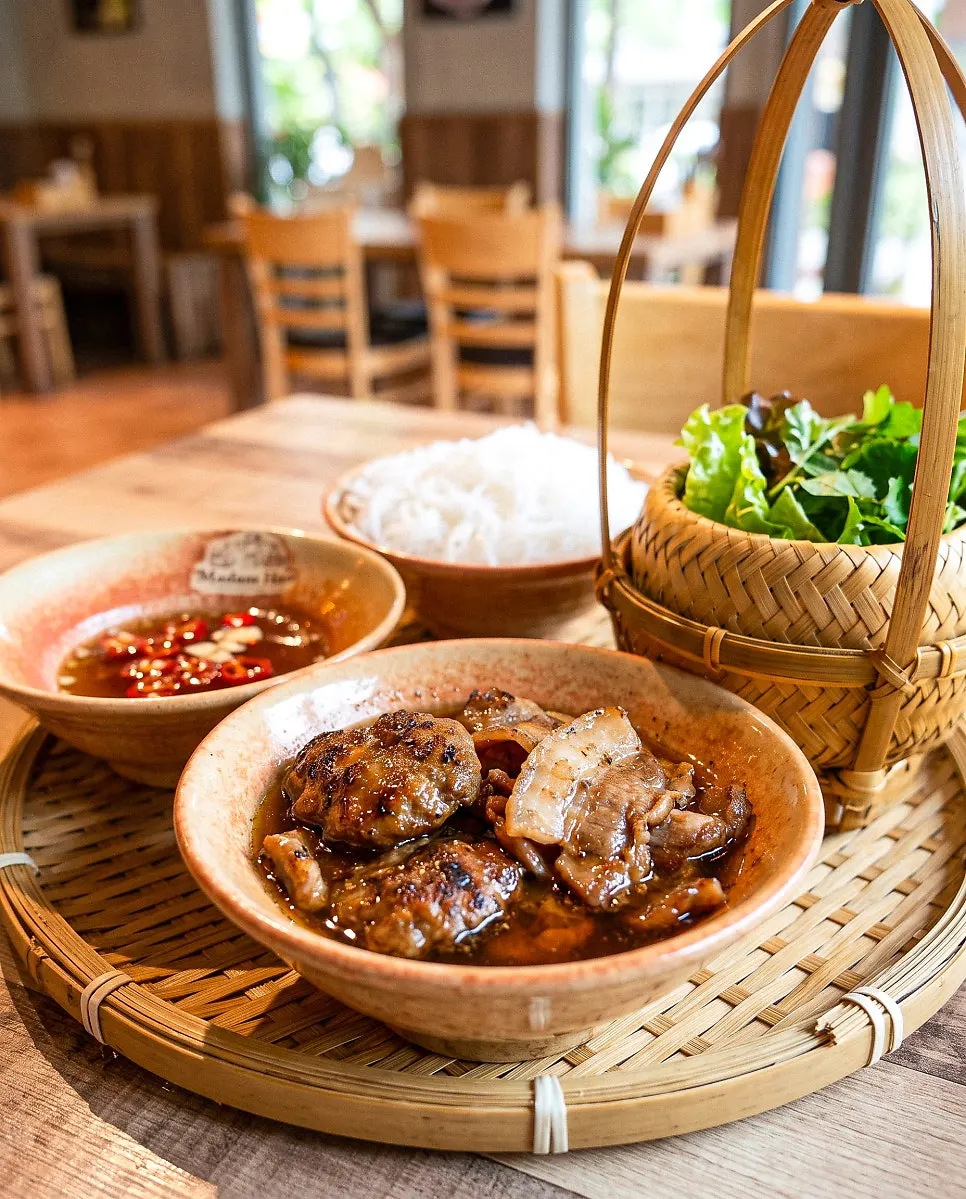 Close-up of charcoal-grilled bun cha pork
