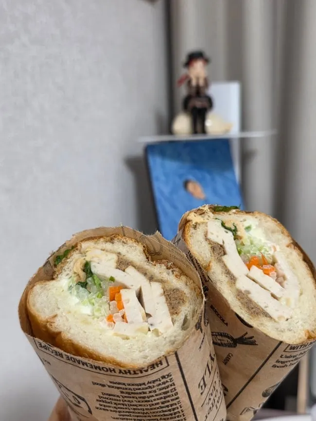 Close-up of the banh mi bread's crispy crust
